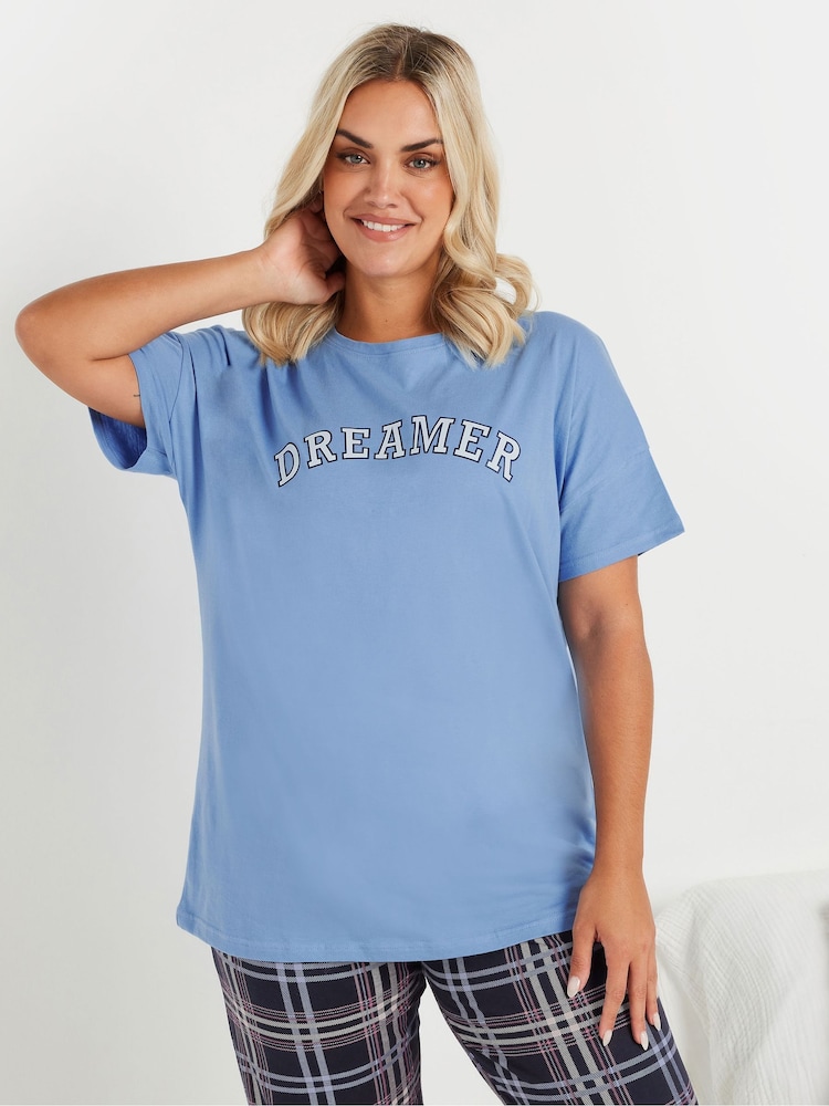 Yours Curve Blue Dreamer Sleep T-Shirt 100% Cotton Top - Image 1 of 5