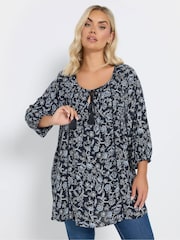 Yours Curve Navy Blue Tie Front Tiered Top - Image 1 of 6