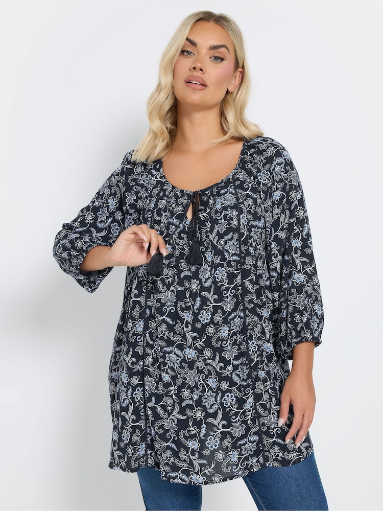 Yours Curve Navy Blue Tie Front Tiered Top - Image 1 of 6