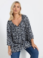 Yours Curve Navy Blue Tie Front Tiered Top - Image 2 of 6