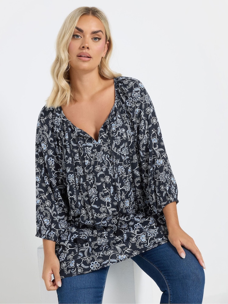 Yours Curve Navy Blue Tie Front Tiered Top - Image 2 of 6