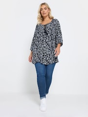 Yours Curve Navy Blue Tie Front Tiered Top - Image 3 of 6