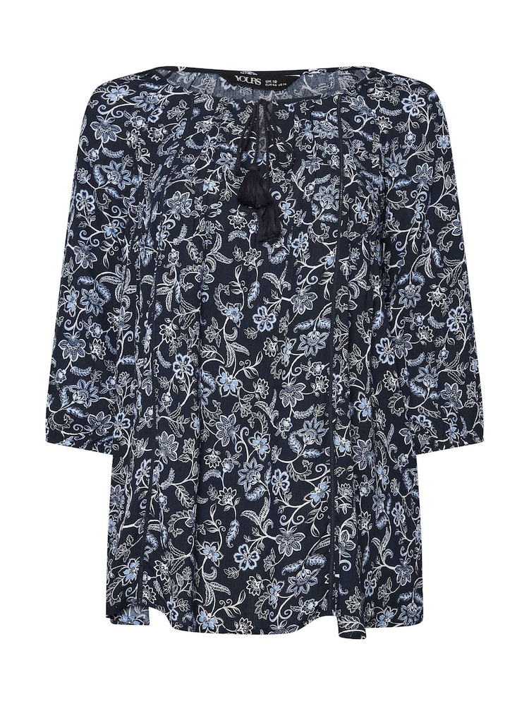 Yours Curve Navy Blue Tie Front Tiered Top - Image 6 of 6