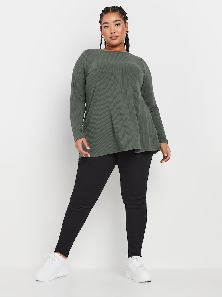 Yours Curve Green Long Sleeve Ribbed Swing T-Shirt - Image 2 of 5 Yours Curve Green Long Sleeve Ribbed Swing T-Shirt - Image 2 of 5