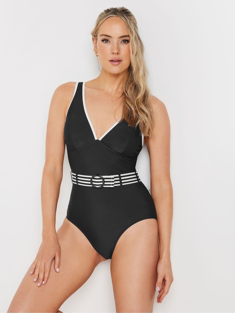 Long Tall Sally Black Tipped Belted Swimsuit - Image 1 of 6 Long Tall Sally Black Tipped Belted Swimsuit - Image 1 of 6