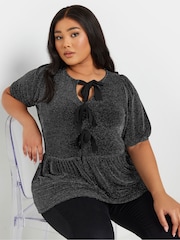 Yours Curve Black Shimmer Bow Top - Image 1 of 6