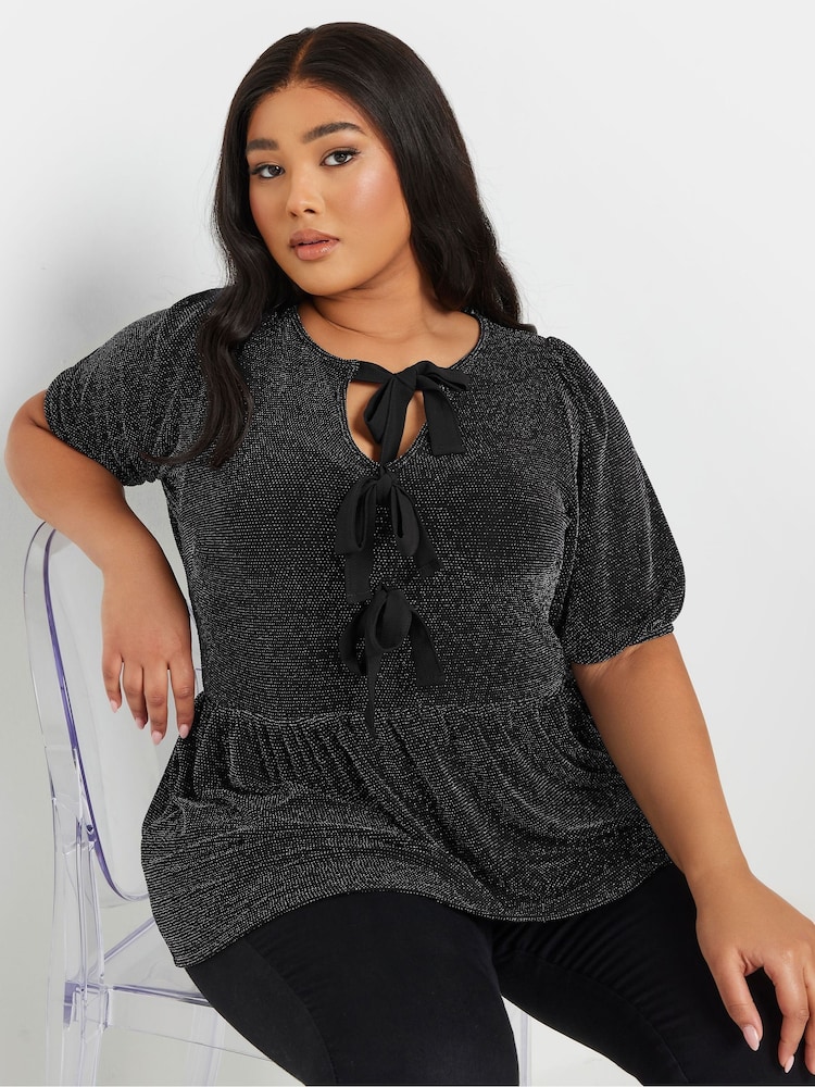 Yours Curve Black Shimmer Bow Top - Image 1 of 6