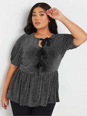 Yours Curve Black Shimmer Bow Top - Image 2 of 6
