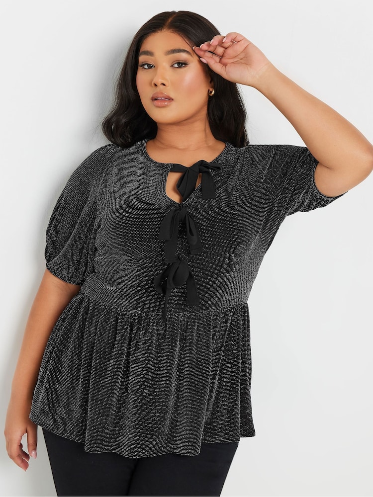 Yours Curve Black Shimmer Bow Top - Image 2 of 6