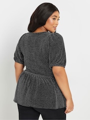 Yours Curve Black Shimmer Bow Top - Image 4 of 6