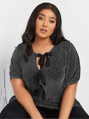 Yours Curve Black Shimmer Bow Top - Image 5 of 6