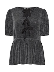 Yours Curve Black Shimmer Bow Top - Image 6 of 6