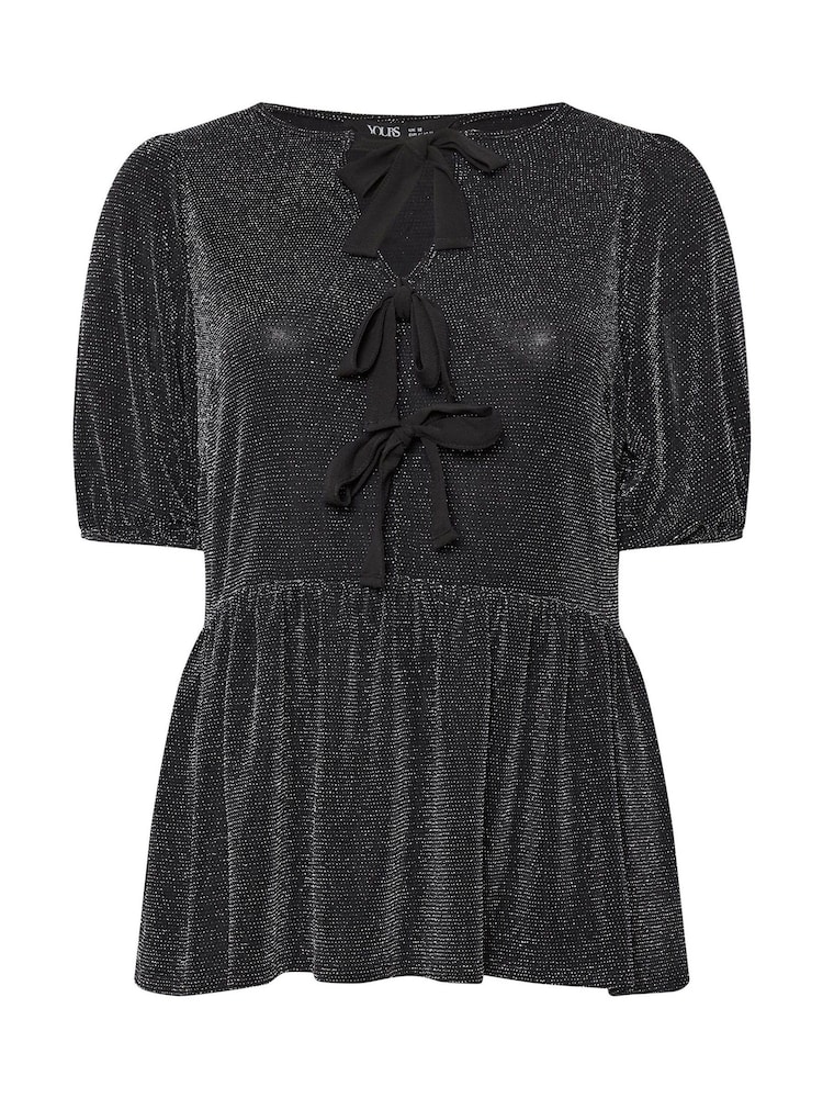 Yours Curve Black Shimmer Bow Top - Image 6 of 6
