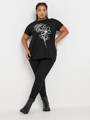 Yours Curve Black Placement Sketch Flower Print T-Shirt - Image 2 of 5
