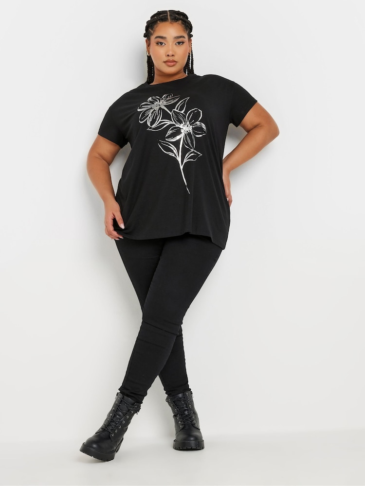 Yours Curve Black Placement Sketch Flower Print T-Shirt - Image 2 of 5
