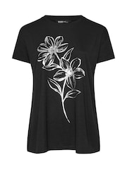 Yours Curve Black Placement Sketch Flower Print T-Shirt - Image 5 of 5