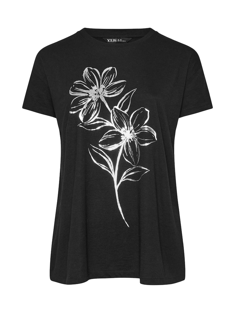 Yours Curve Black Placement Sketch Flower Print T-Shirt - Image 5 of 5 Yours Curve Black Placement Sketch Flower Print T-Shirt - Image 5 of 5