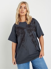 Yours Curve Grey Relaxed Drop Shoulder Lace Bow 100% Cotton Top - Image 1 of 5