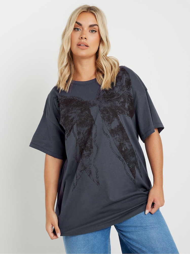 Yours Curve Grey Relaxed Drop Shoulder Lace Bow 100% Cotton Top - Image 1 of 5