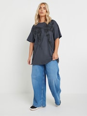 Yours Curve Grey Relaxed Drop Shoulder Lace Bow 100% Cotton Top - Image 2 of 5