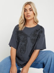 Yours Curve Grey Relaxed Drop Shoulder Lace Bow 100% Cotton Top - Image 4 of 5