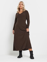 Yours Curve Chocolate Brown Ribbed Flare Chocolate Maxi Dress - Image 1 of 5