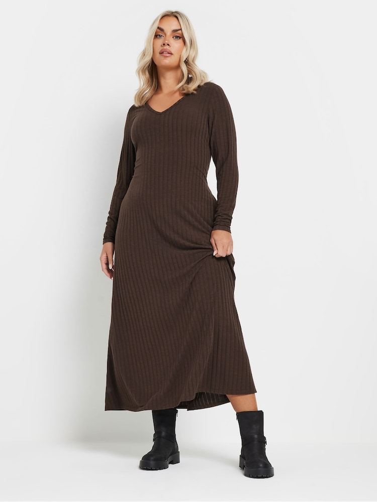 Yours Curve Chocolate Brown Ribbed Flare Chocolate Maxi Dress - Image 1 of 5