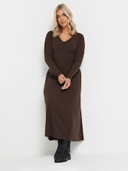 Yours Curve Chocolate Brown Ribbed Flare Chocolate Maxi Dress - Image 2 of 5