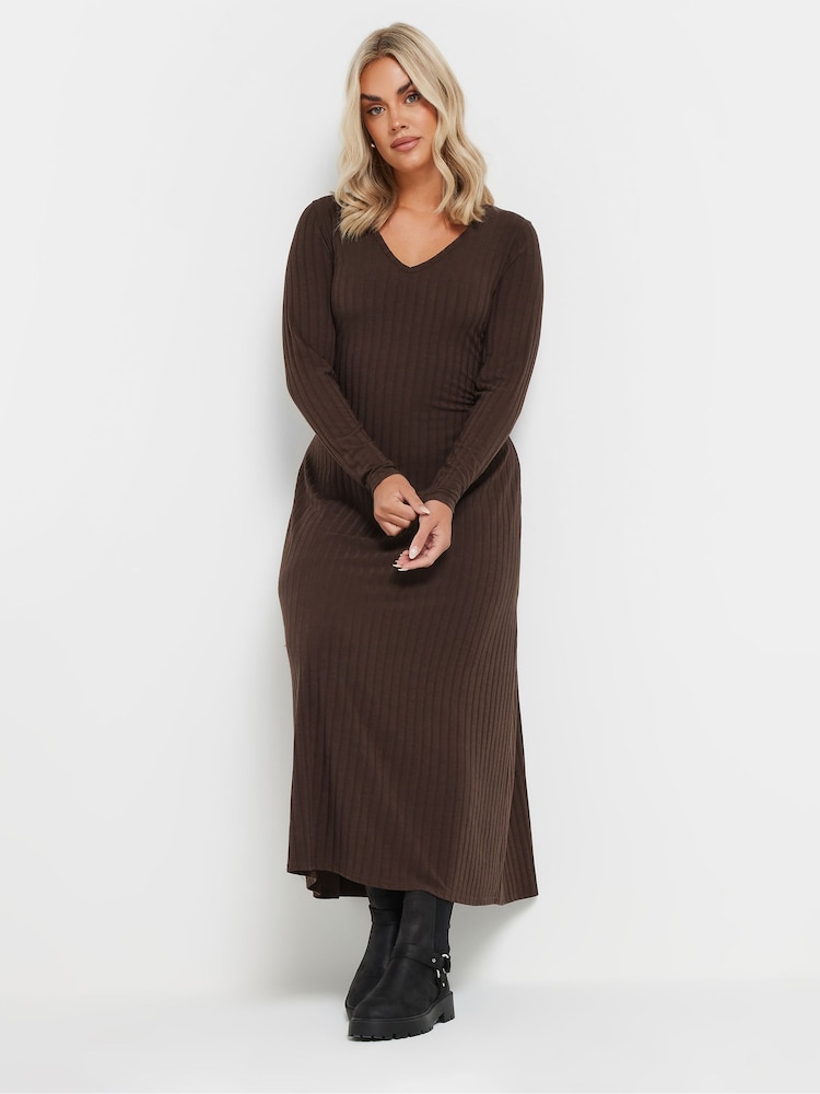 Yours Curve Chocolate Brown Ribbed Flare Chocolate Maxi Dress - Image 2 of 5