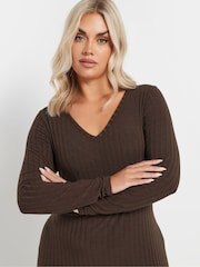 Yours Curve Chocolate Brown Ribbed Flare Chocolate Maxi Dress - Image 4 of 5