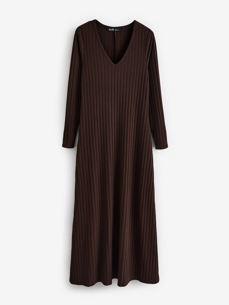 Yours Curve Chocolate Brown Ribbed Flare Chocolate Maxi Dress - Image 5 of 5