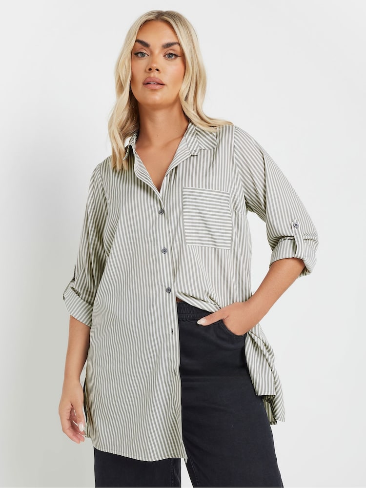 Yours Curve Grey Stripe Boyfriend Shirt - Image 1 of 9