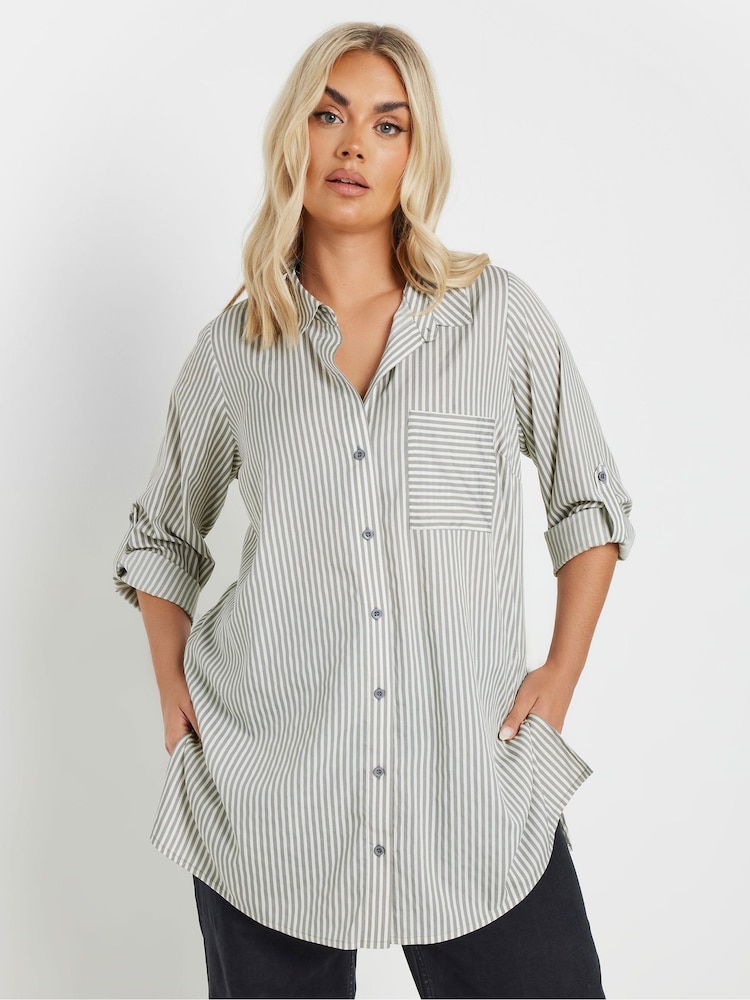 Yours Curve Grey Stripe Boyfriend Shirt - Image 3 of 9