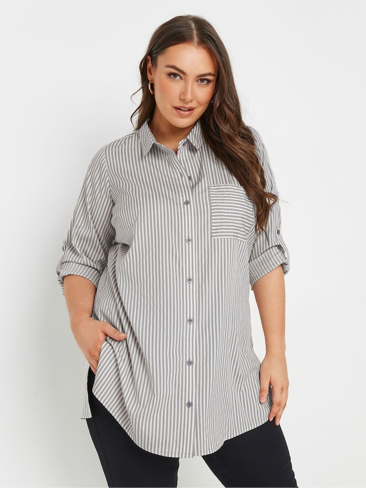 Yours Curve Grey Stripe Boyfriend Shirt - Image 5 of 9