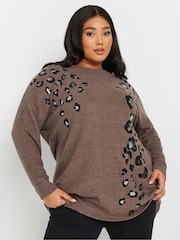 Yours Curve Brown Placement Animal Studded Jumper - Image 1 of 5