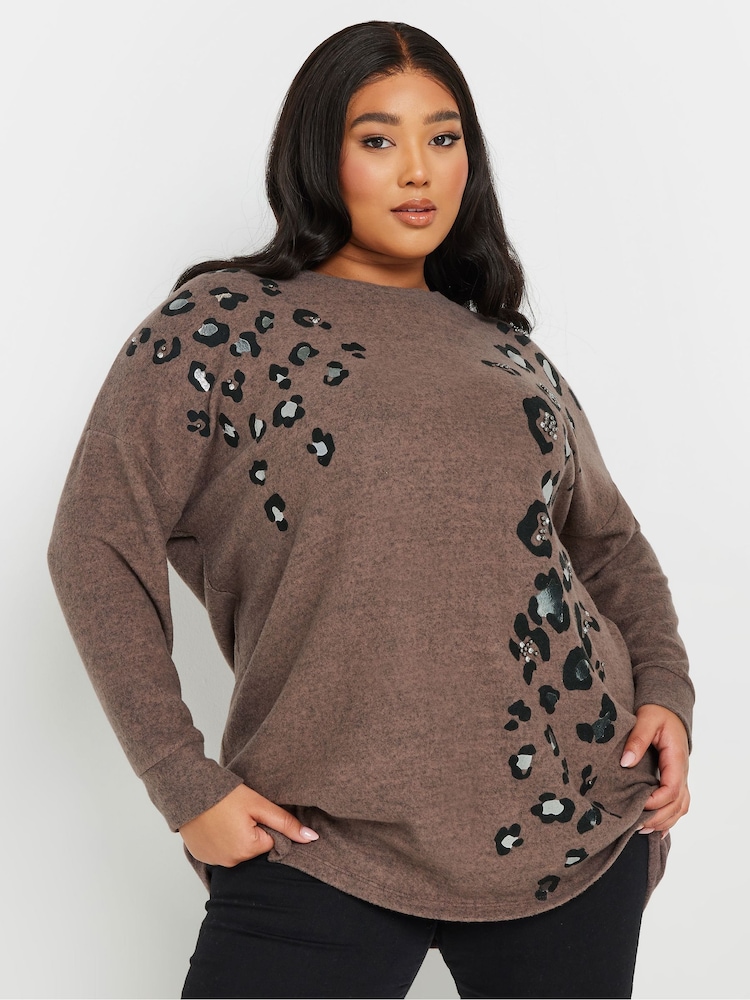 Yours Curve Brown Placement Animal Studded Jumper - Image 1 of 5
