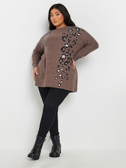 Yours Curve Brown Placement Animal Studded Jumper - Image 2 of 5