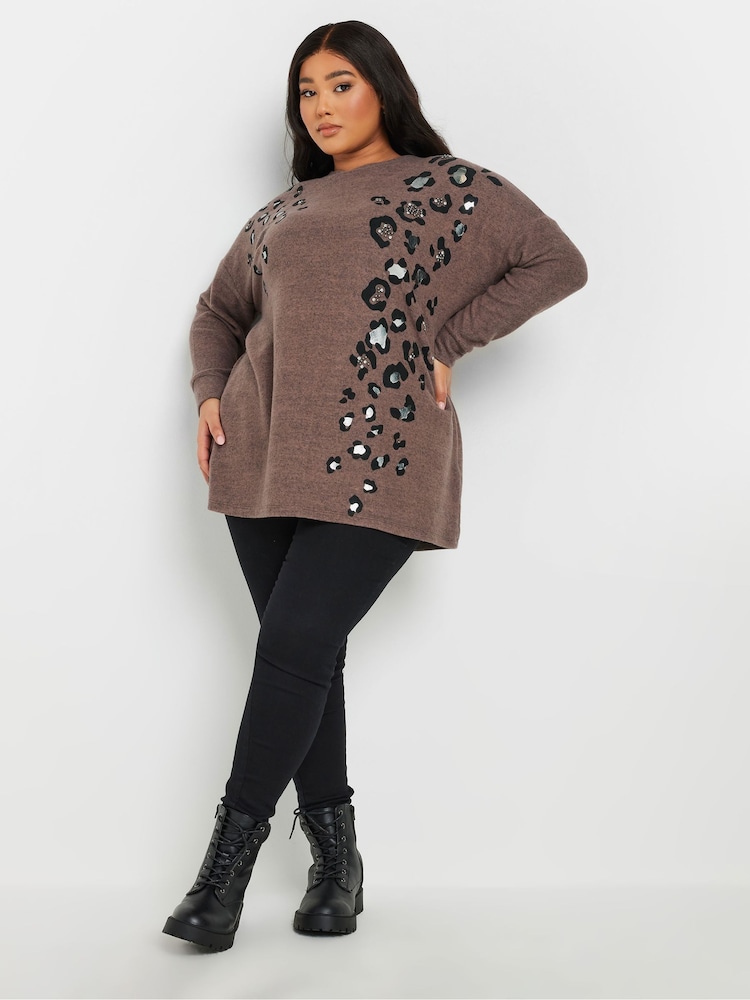 Yours Curve Brown Placement Animal Studded Jumper - Image 2 of 5