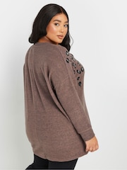 Yours Curve Brown Placement Animal Studded Jumper - Image 3 of 5