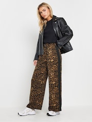 PixieGirl Petite Brown Leopard Print Side Stripe Wide Leg Trousers - Image 1 of 6