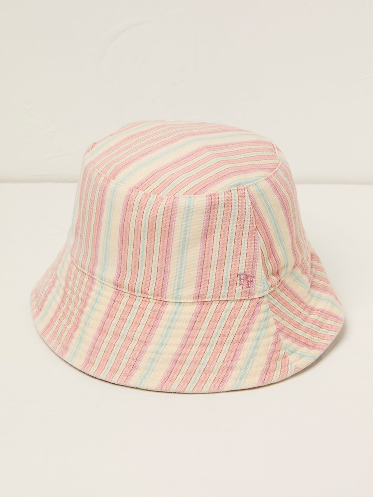 FatFace Pink Striped Bucket 100% Cotton Hat - Image 1 of 2