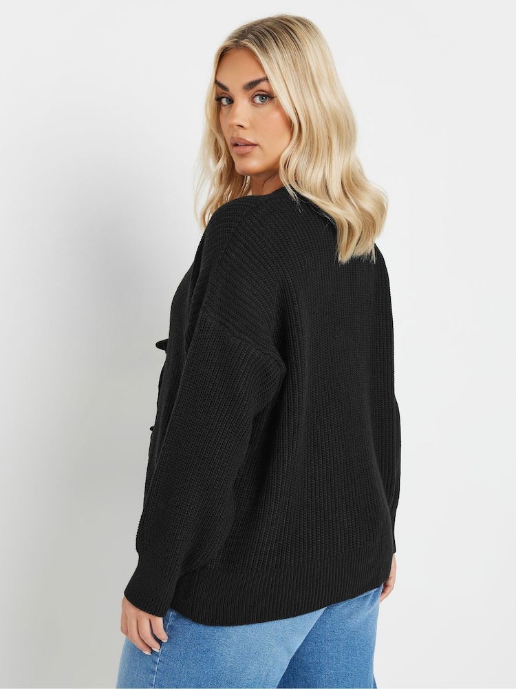 Yours Curve Black Knitted Tie Front Cardigan - Image 3 of 4