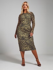 Yours Curve Brown Limited Ruched Sleeve Dress - Image 1 of 5