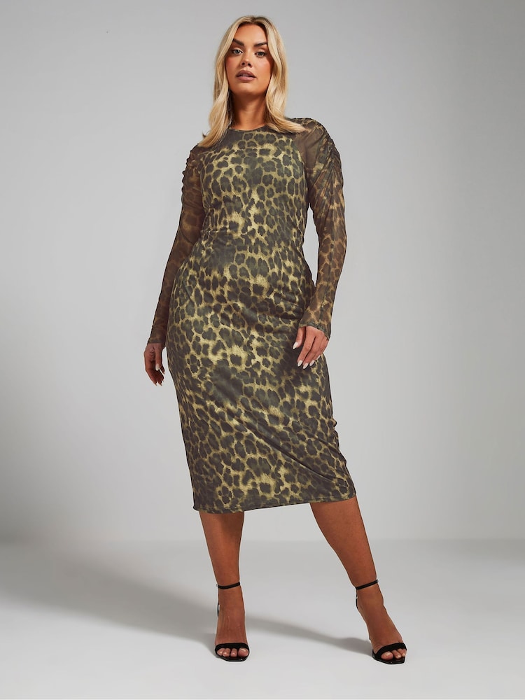 Yours Curve Brown Limited Ruched Sleeve Dress - Image 1 of 5