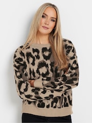 Long Tall Sally Brown Knitted Leopard Print Jumper - Image 1 of 5