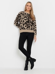 Long Tall Sally Brown Knitted Leopard Print Jumper - Image 2 of 5