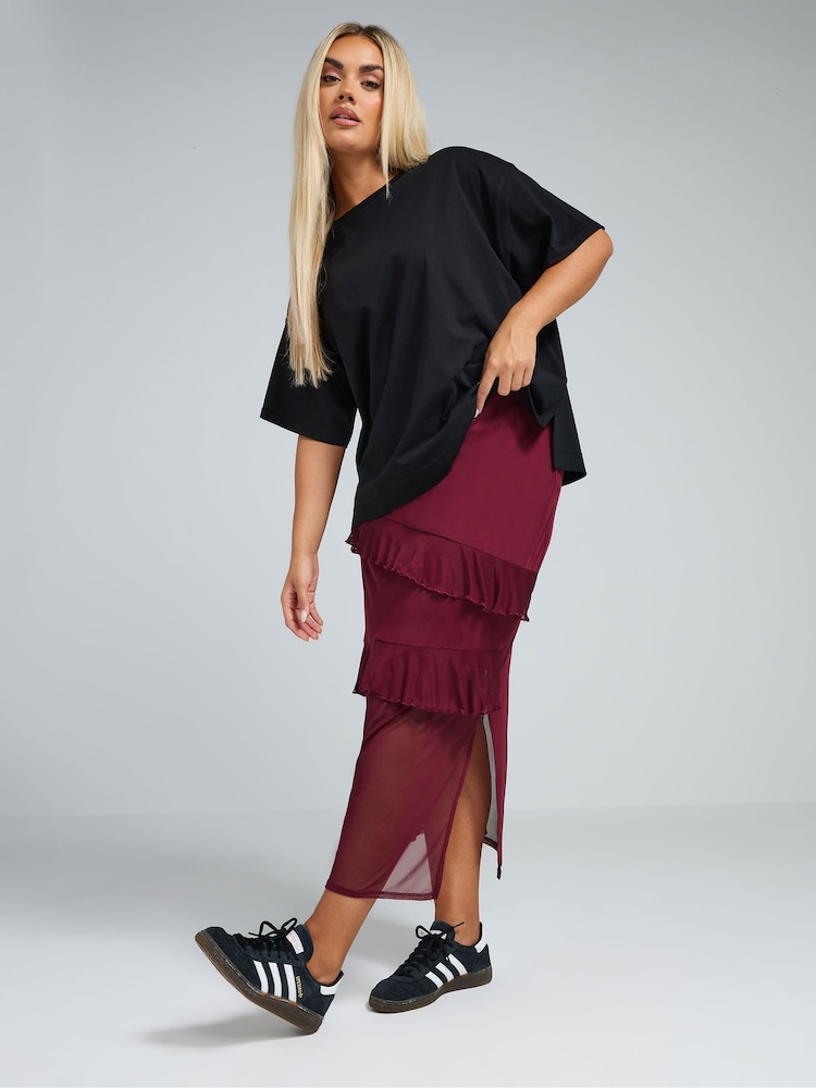 Yours Curve Burgundy Red Limited Collection Frill Mesh Skirt - Image 2 of 4
