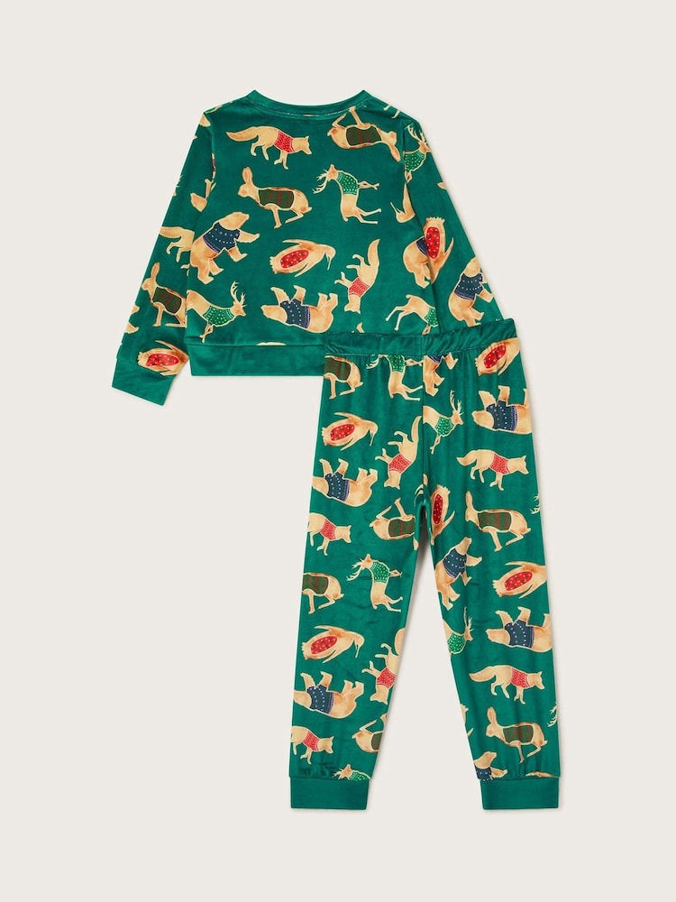 Monsoon Green Velour Festive Animal Print Long Pyjamas Set - Image 2 of 4