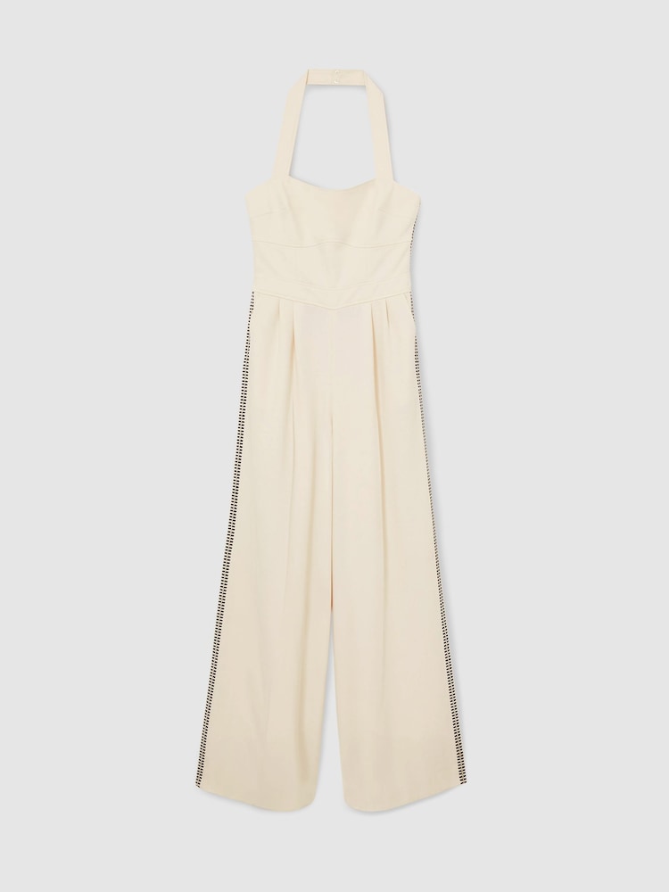 Reiss Cream Viola Petite Embroidery Halterneck Wide-Leg Jumpsuit - Image 2 of 8