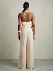 Reiss Cream Viola Petite Embroidery Halterneck Wide-Leg Jumpsuit - Image 5 of 8